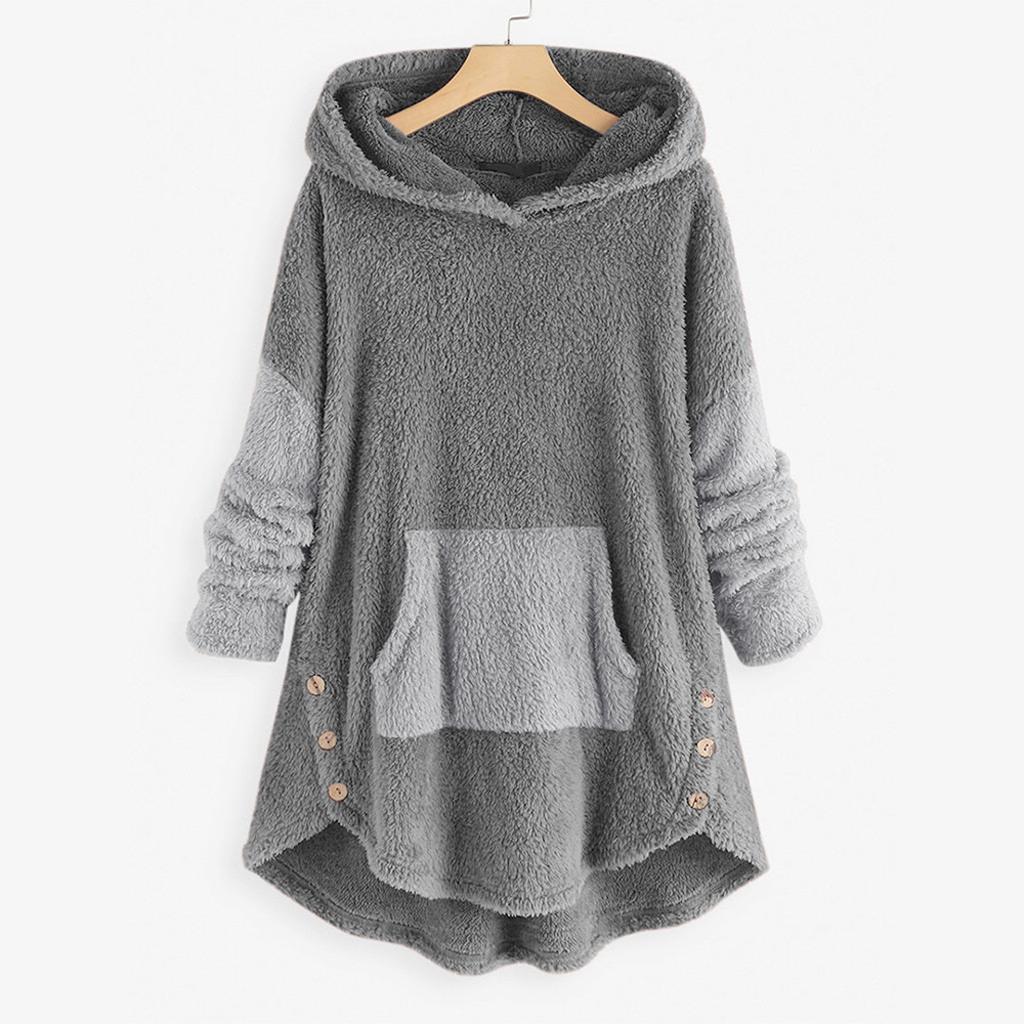 Women Fleece Asymmetrical Button Hem Plus Size Hoodie Top Sweater Blouse