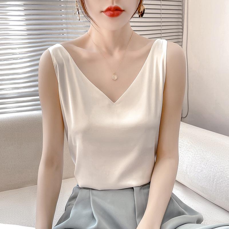 Женская летняя шелковая майка, атласный топ с V-образным вырезом, уникальный базовый слой.