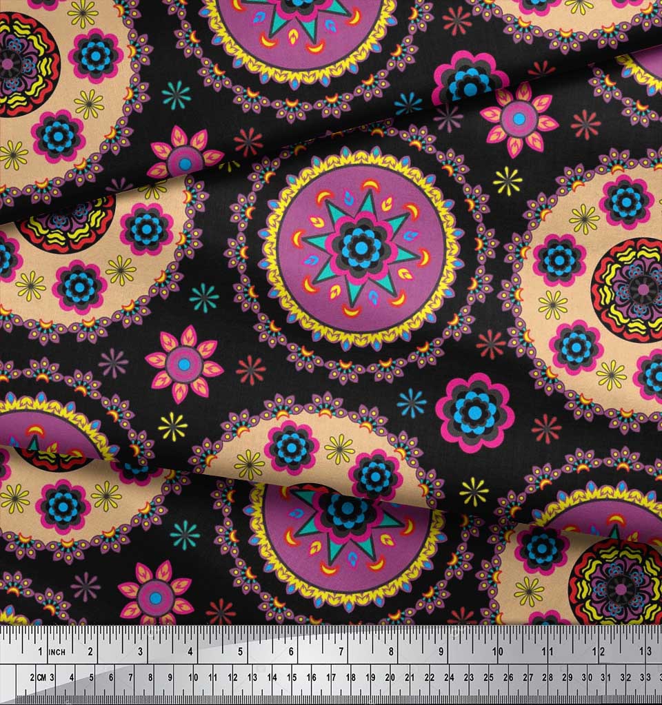 Soimoi Японский креп-атласная ткань с цветочным принтом Мандалы, швейная ткань, метр 42 дюйма