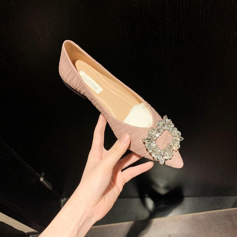 Premium square buckle rhinestone pointed head shallow mouth fairy flat shoes women's single shoes