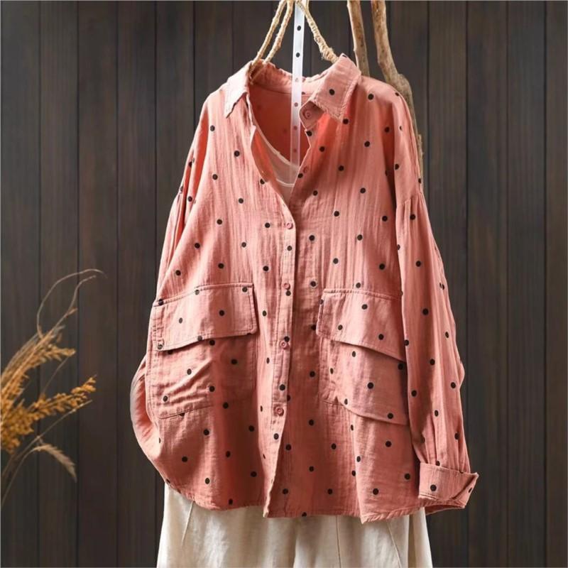 Johnature Женские рубашки в горошек, топы, блузки с отложным воротником, весенние пуговицы, длинные рукава, карманы, женские рубашки