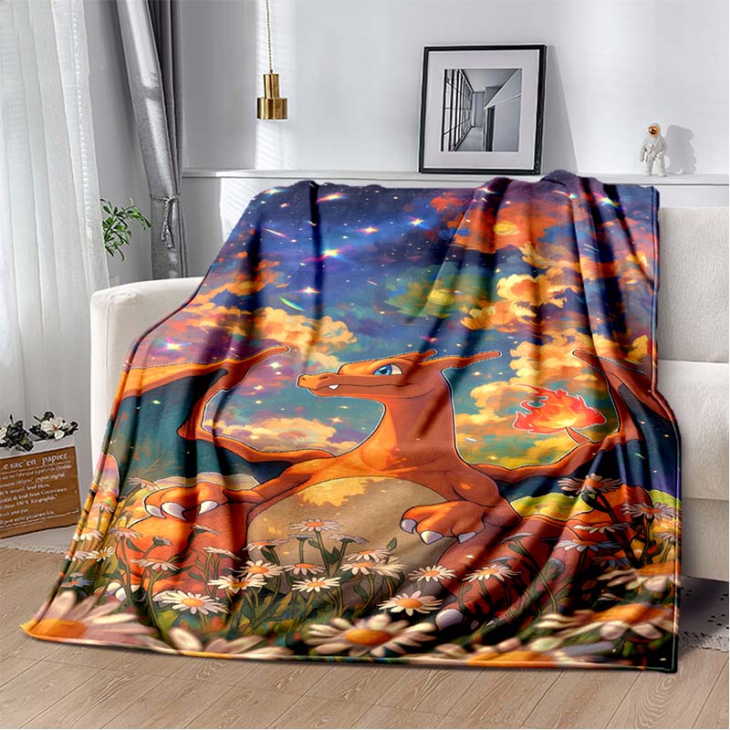 3D-Printed Cute Cartoon Charizard Blanket — Fluffy, Soft, and Warm Throw for Bedroom Decor and Home Comfort