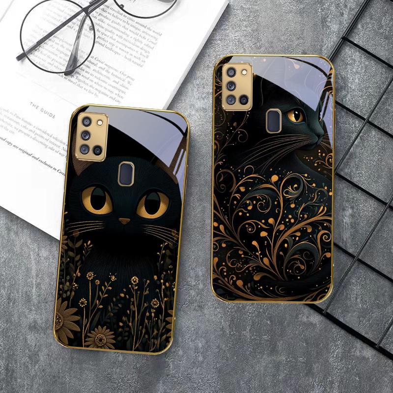 Фантастический черный кот Для Samsung A 31 32 A33 A34 35 14 A15 13 A16 25 26 50 52 53 54 55 56 70 71 72 73 Золотой стеклянный чехол для телефона