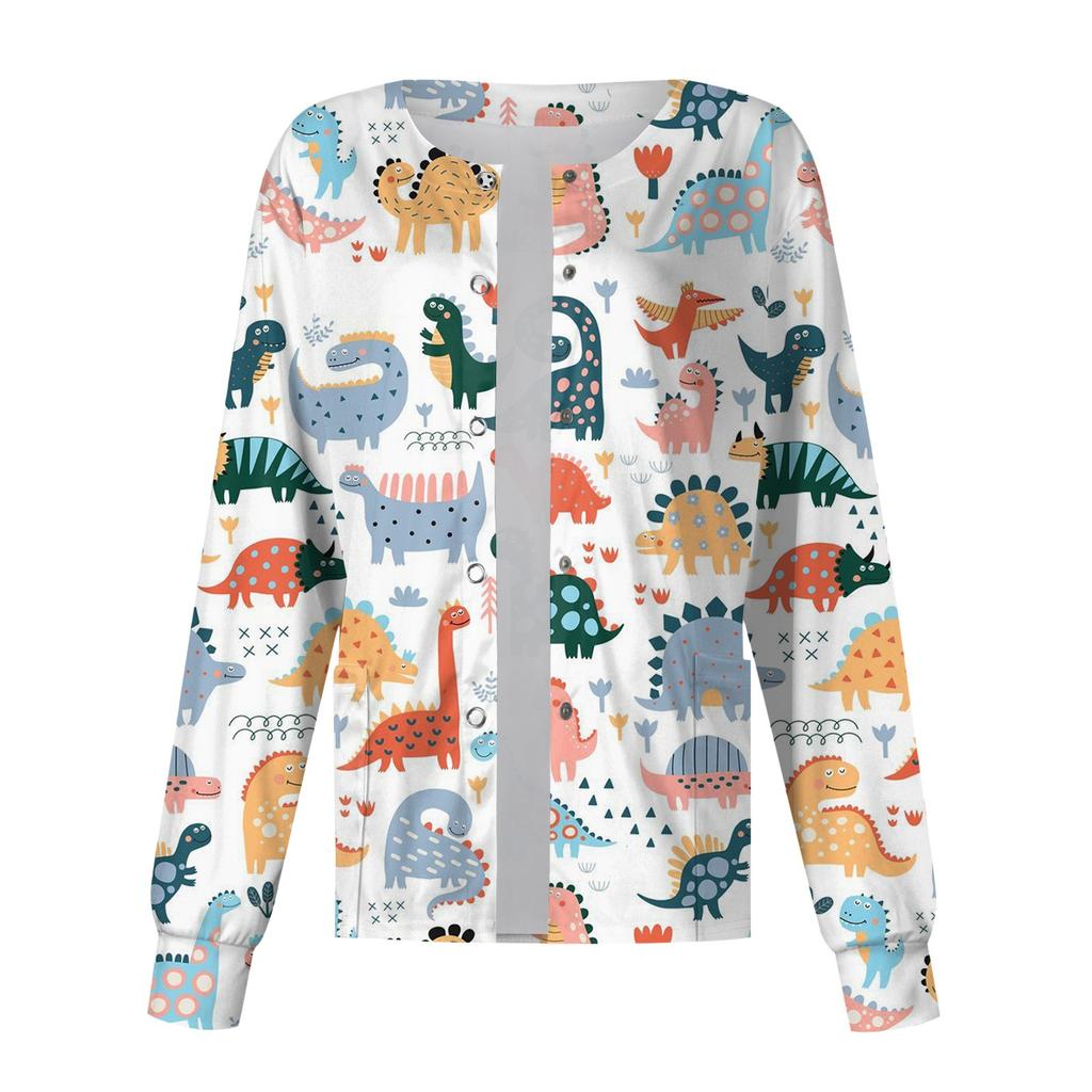 Женский однобортный защитный комбинезон с длинным рукавом и рисунком динозавра, карманный рабочий воротник-стойка, кардиган, куртка, топ