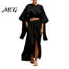 Solid Color Women Set Summer 2 Piece Outfits, Batwing Half Sleeve Crop Top Casual Outfit And High Slit Maxi Skirt Travel Vacation Matching Sets Spring