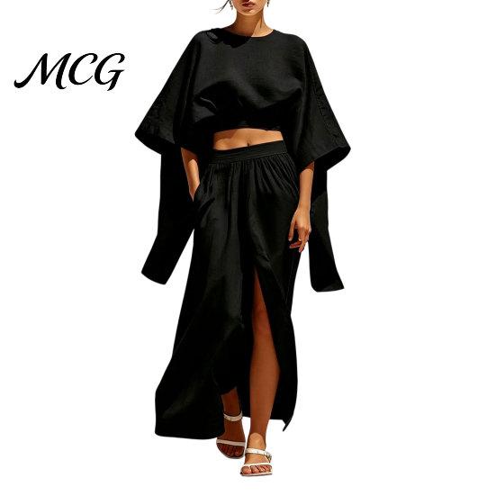 Solid Color Women Set Summer 2 Piece Outfits, Batwing Half Sleeve Crop Top Casual Outfit And High Slit Maxi Skirt Travel Vacation Matching Sets Spring
