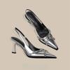 Fashion 2025 Designer Women Sandals Fashion Pointed Toe Buckle Strap Metal High Heeled Kitten Heel Elegant Single Shoes Female
