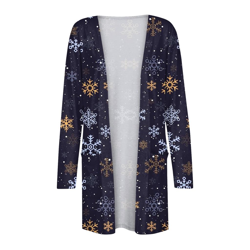 Рождественская женская модная повседневная куртка-кардиган средней длины с длинным рукавом и принтом
