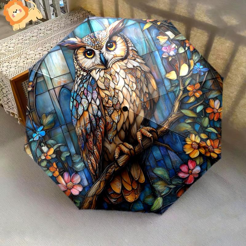 1 шт. Автоматический складной зонт - Узор «Совы и цветы», Портативная и складная конструкция с 8 спицами, Рождественские и новогодние подарки