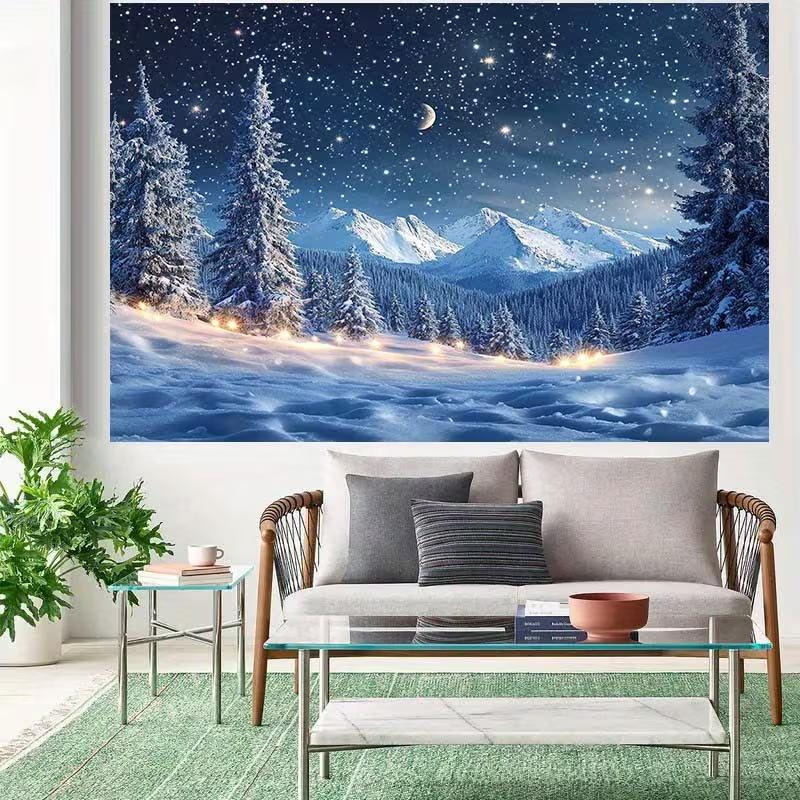 2D Winter Snow Forest Backdrop Starry Night Mountain Christmas Photography Background