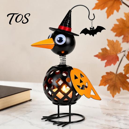 Creative Halloween Gift Wrought Iron Crow And Pumpkin Ornament, Metal Bird Candle Holiday Home Accents Holder Statue with LED for Table Decor