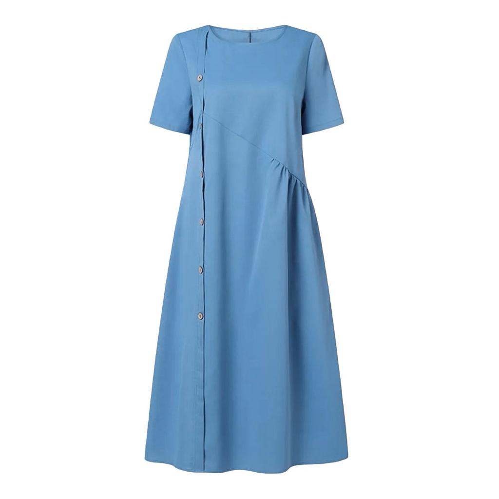 Women's Solid Round Neck Short Sleeve Button Decorative Waist Pocket Dress Pocket Dress