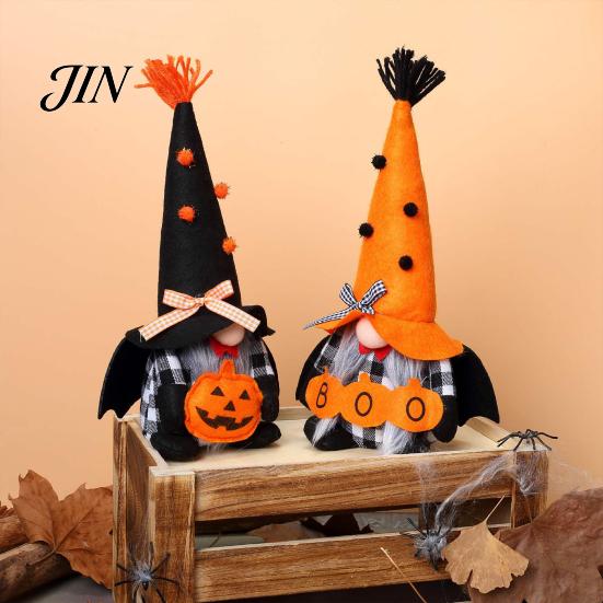 Decorative Gnome Toys Halloween Plush Decoration, Spooky Orange Black Boo Pumpkin Swedish Tomte Seasonal Table Accents Figurine, Elf Dwarf Ornaments