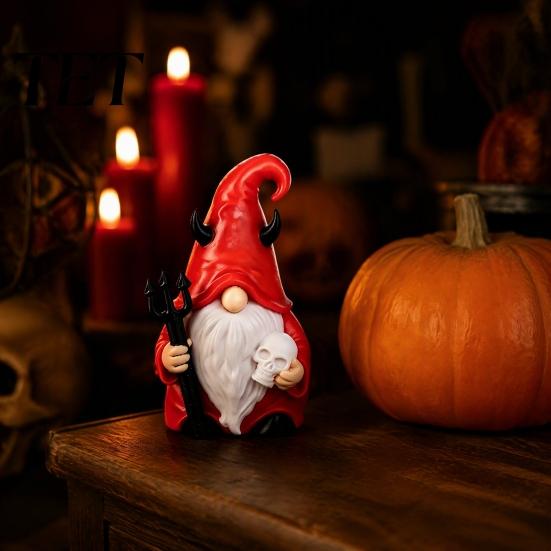 Handmade 3D Printed Crafts Halloween Devil Gnome Statue, Red Hat Figurine, Gothic Yard Landscaping Decor Dwarf Tabletop Ornament for Indoor