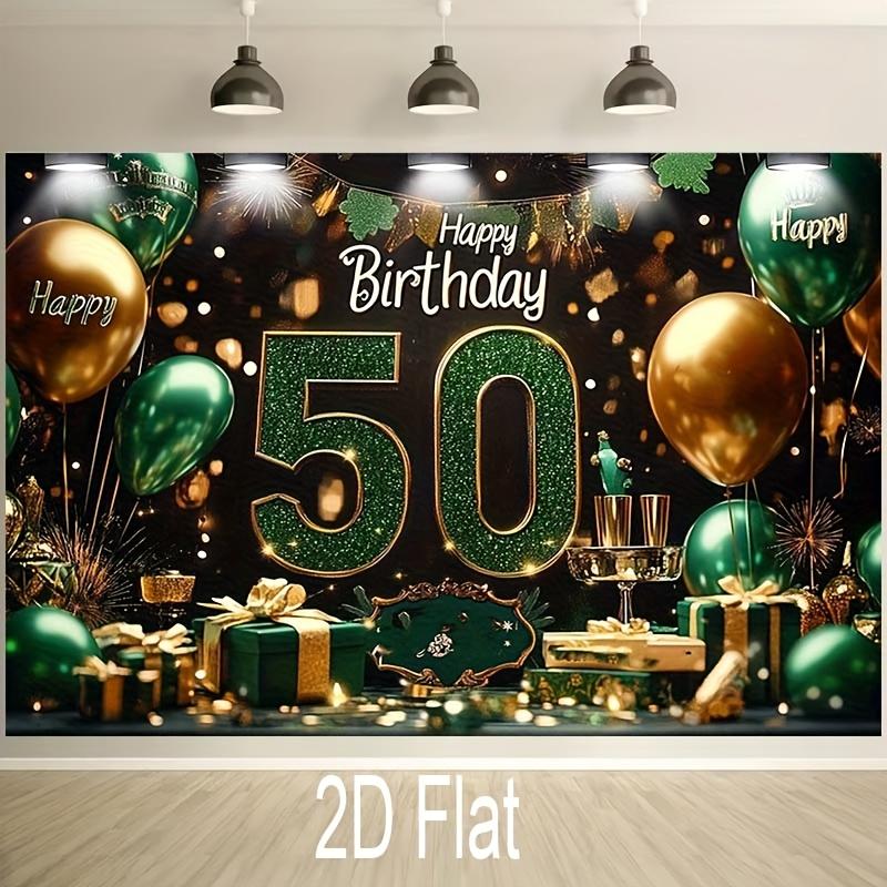 1pc 2D flat banner for 50th birthday Party banner decoration - Sparkling gold and green polyester background with balloons