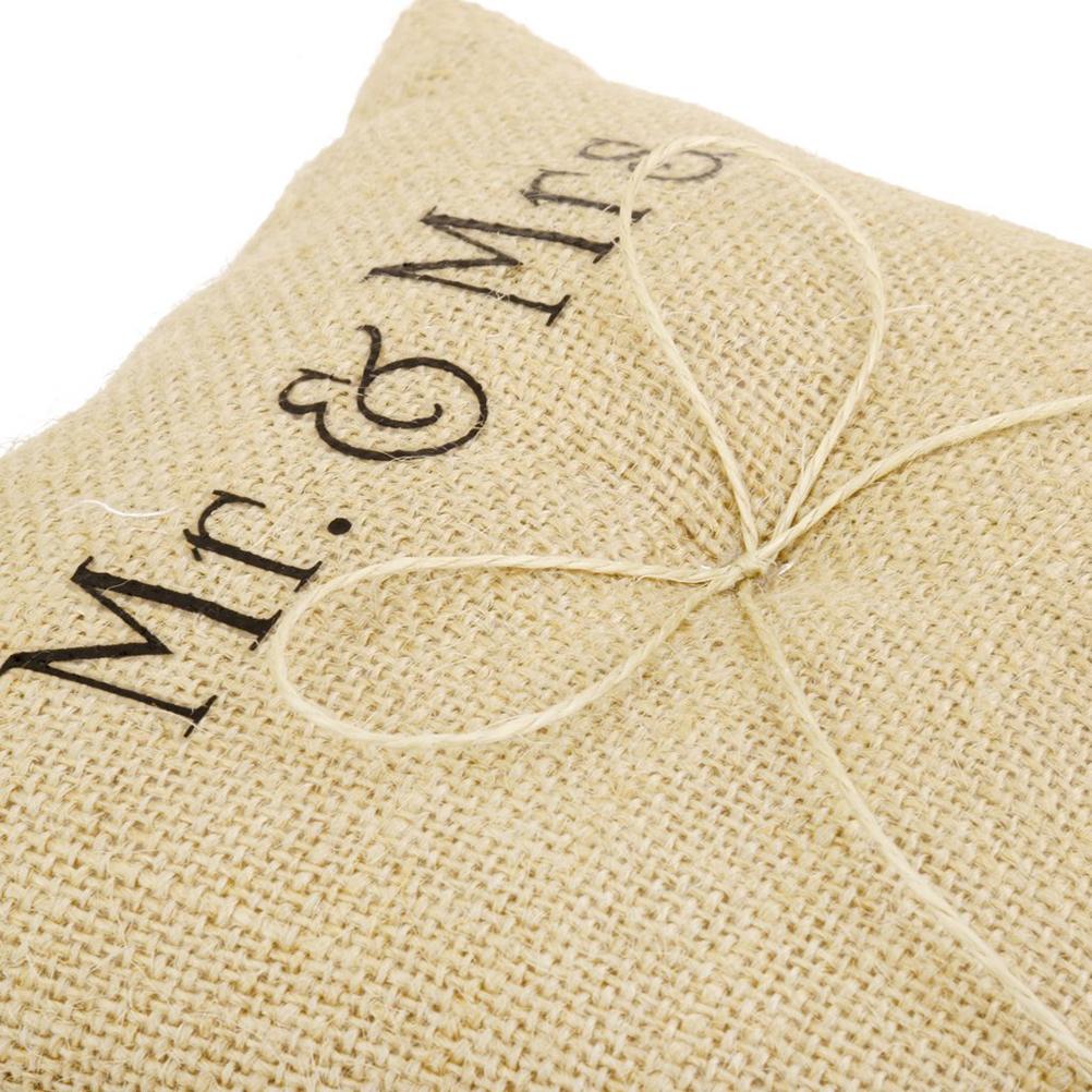 Подушка для колец в деревенском стиле Mr & Mrs Burlap из джутовой бечевки и шпагата Подушка для колец в форме сердца с двумя сердечками Подушка для держателя колец