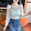 Chiffon Splice Knit Autumn New Fashionable Design Sense Small French Square Neck Slim Fit Long Sleeve Top