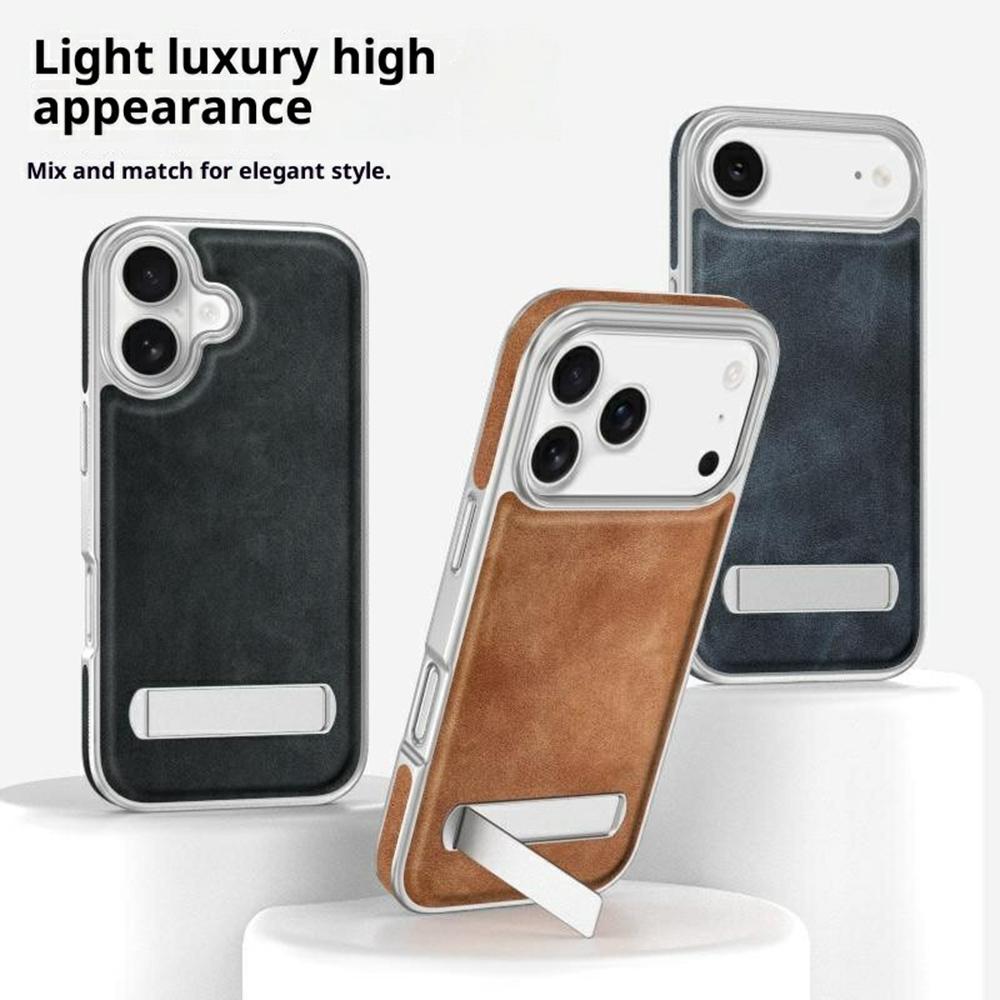 For iPhone 17 Pro Max Case with Hidden Kickstand Leather + PC + TPU Matte Electroplated Phone Cover