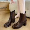 Square Toe Chunky Women Ankle Boots Leather High Heels Retro Elegant Shoes 2025 Trend Winter Designer Classic Pumps Botas Mujer