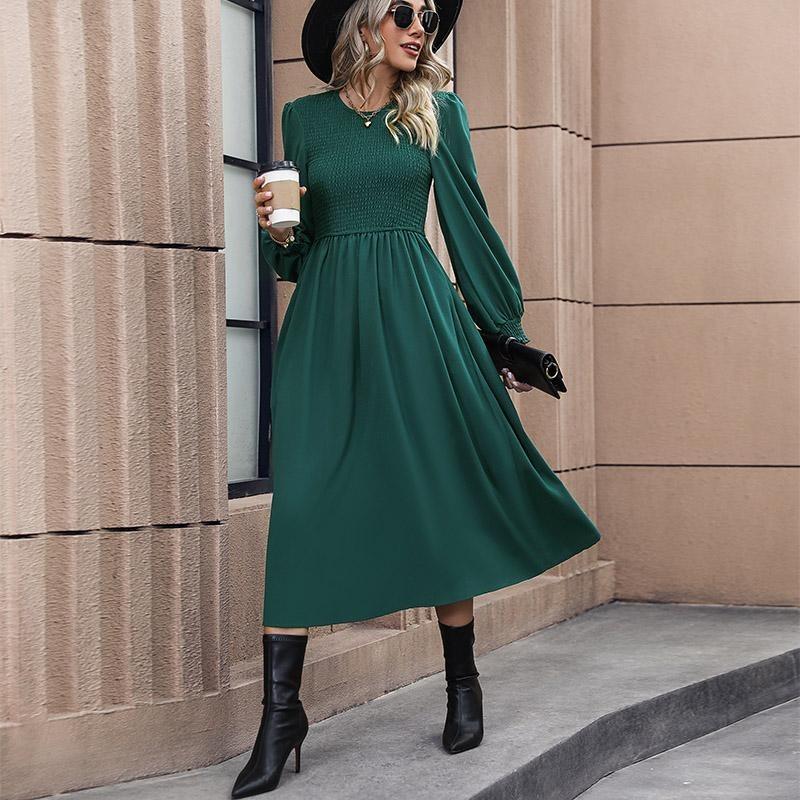 Женское осенне-зимнее однотонное элегантное кружевное платье средней длины с v-образным вырезом и высокой талией