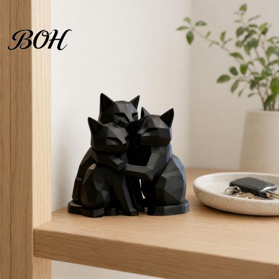Animal Shape Sculpture 3D Printed Black Cat Figurine, Three Hugging Geometric Statue, Artistic Modern for Home Office Bookshelf Statue