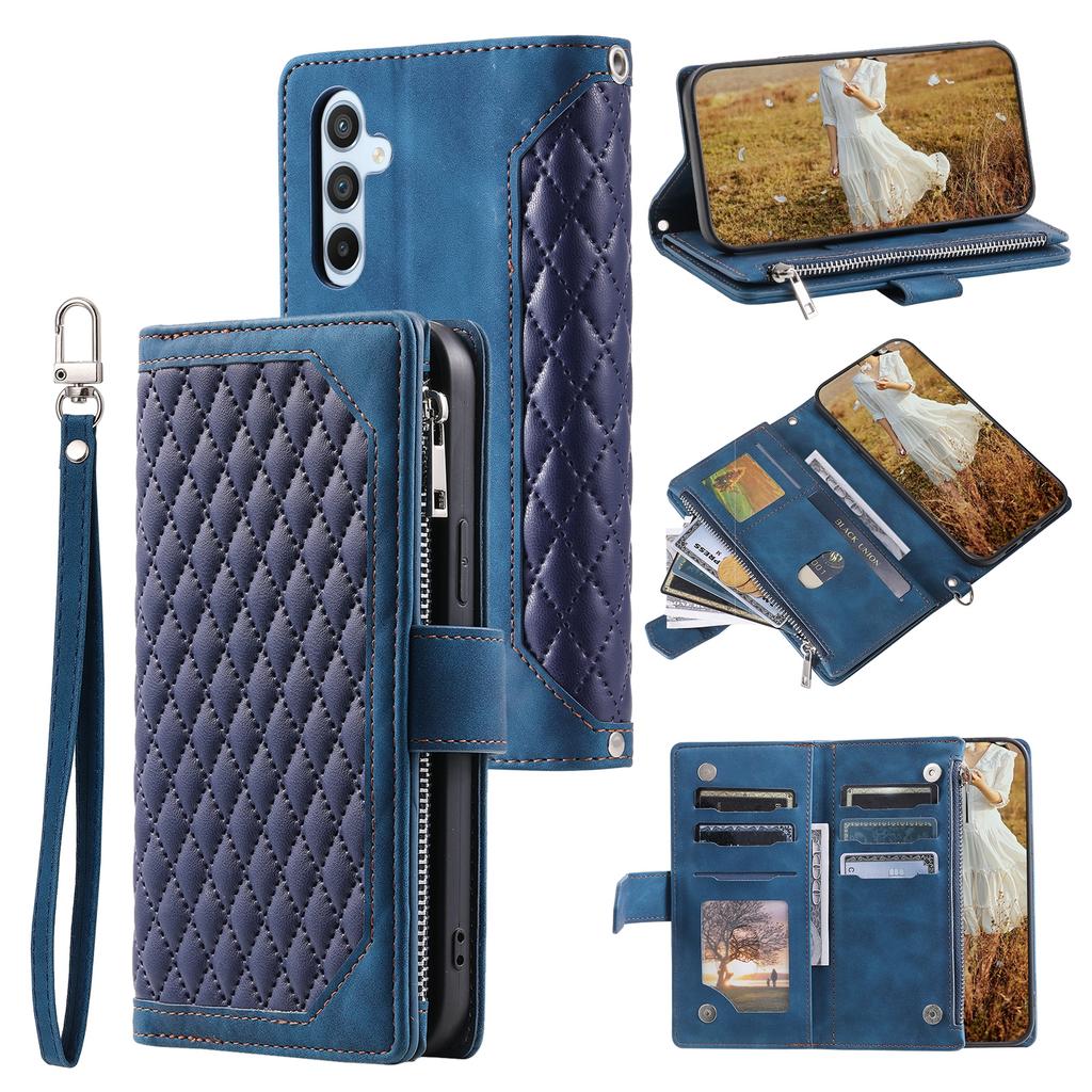 For Samsung Galaxy S25 FE Wallet Case Rhombus Stitching Line PU Leather Phone Cover with Wrist Strap