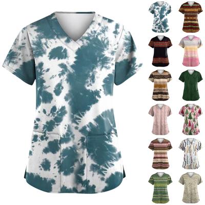 Женская мода с v-образным вырезом, короткими рукавами и карманами, топы с принтом