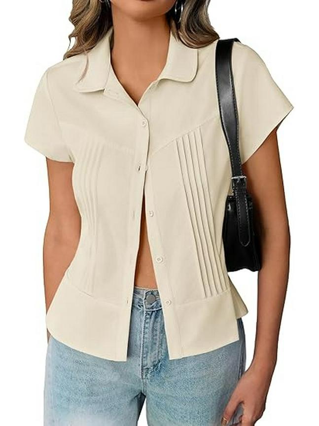 Женская рубашка 2026 Весна/Лето Ретро Приталенная Однотонная С воротником Короткий рукав