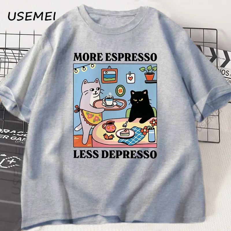 More Espresso Less Depresso Black Cat Tshirt Unisex Unisex Funny Coffee Cat T Shirt Casual Summer Cotton Short Sleeve Tshirt Tops