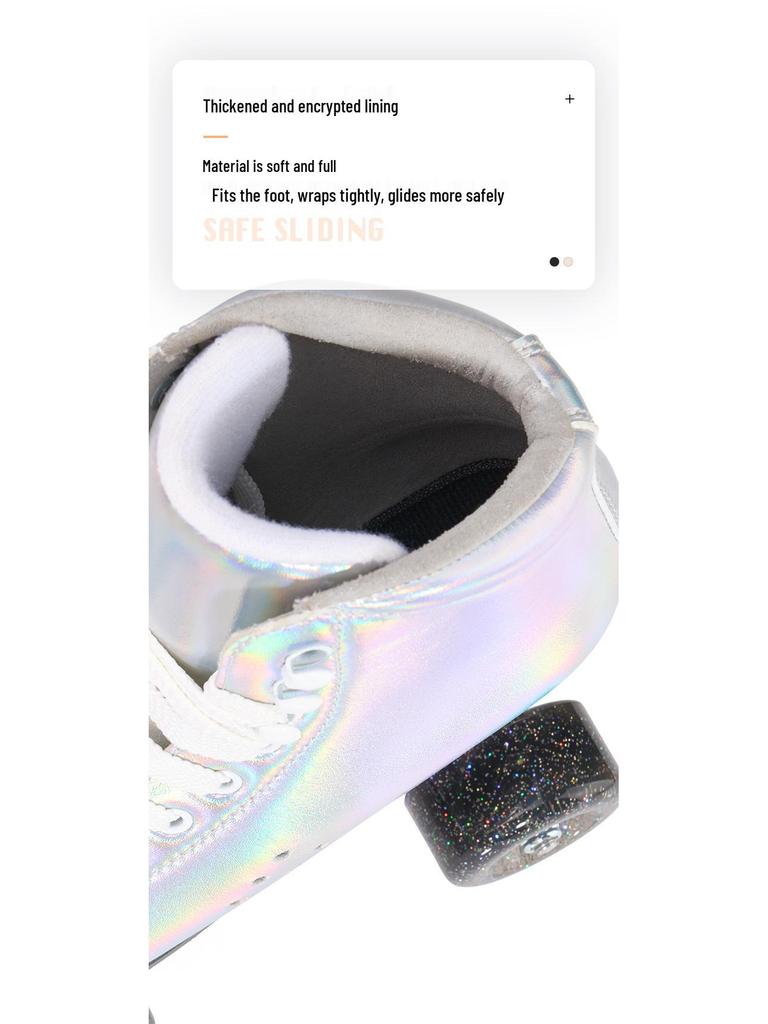 New In-Stock Double-Row Roller Skates with Laser Fabric, Adjustable Brake, and PU Flashing Wheels for Ice Rink.