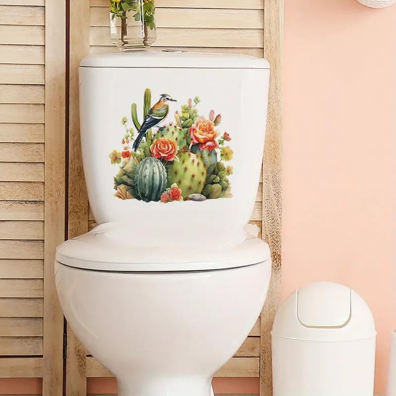 Tropical Cactus Bird Toilet Cover Sticker Decals,Fish Bird Flower Leaf Waterproof Toilet Lid Tank Seat Decals Cistern Self-Adhesive Bathroom Wall