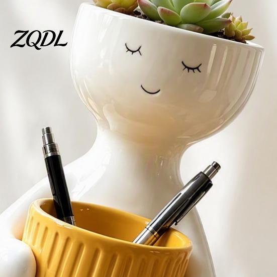 Flowerpot for Small Plants Smiling Face Plant Pot, Double Planting Space Planter, Cute Resin Head Planter Sitting Figure Succulents, Home Office