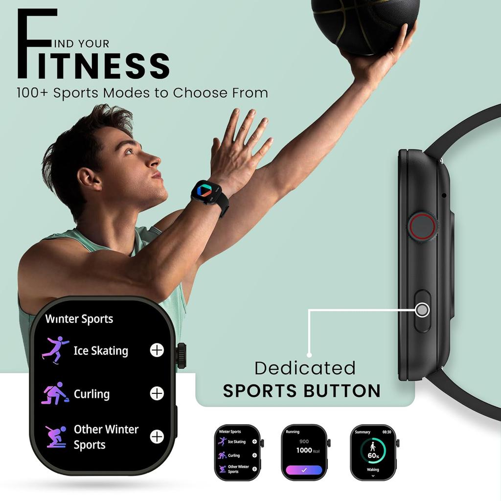 Hammer Умные часы Tussle с дисплеем HD 2,01 дюйма, возможностью звонков по Bluetooth, вращающейся заводной головкой, голосовым помощником, встроенными играми, интеллектуальными уведомлениями, пудрово-черный цвет