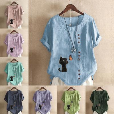 Женская мода Кошки и бабочки Принтованная футболка с коротким рукавом Свободная хлопковая рубашка Повседневная свободная летняя блузка Топы размера плюс