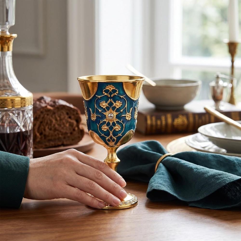 Blue Enamel Vintage Wine Cup Rhinestone Embedded Drinking Cup Vintage Medieval Wine Goblet Wine