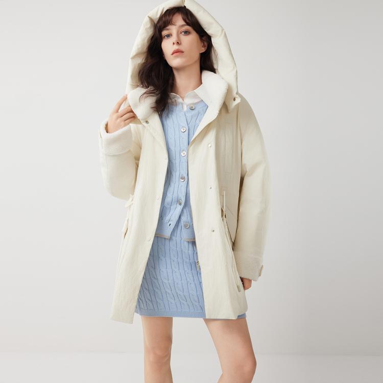 ELLE French Basic Style Workwear Fashion Design White Duck Down Casual Loose Versatile Long Sleeve Hooded Warm Puffer Jacket Parka EY52503