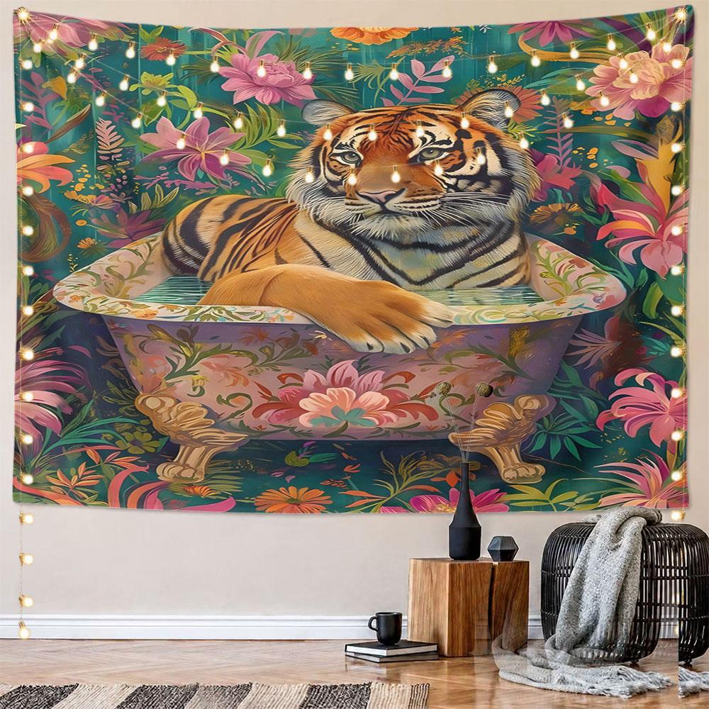 Tiger in Floral Bathtub Artwork Pattern Wall Hanging Tapestry Decorative Tapestry Home Decor for Bedroom and Living Room