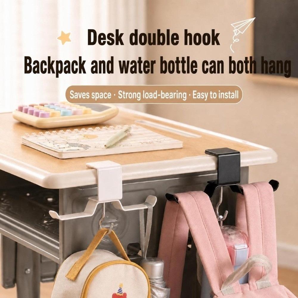 1Pc No Drill Desk Side Hanger Dual Hook Backpack Hanger Portable School Bag Hook Dormitory