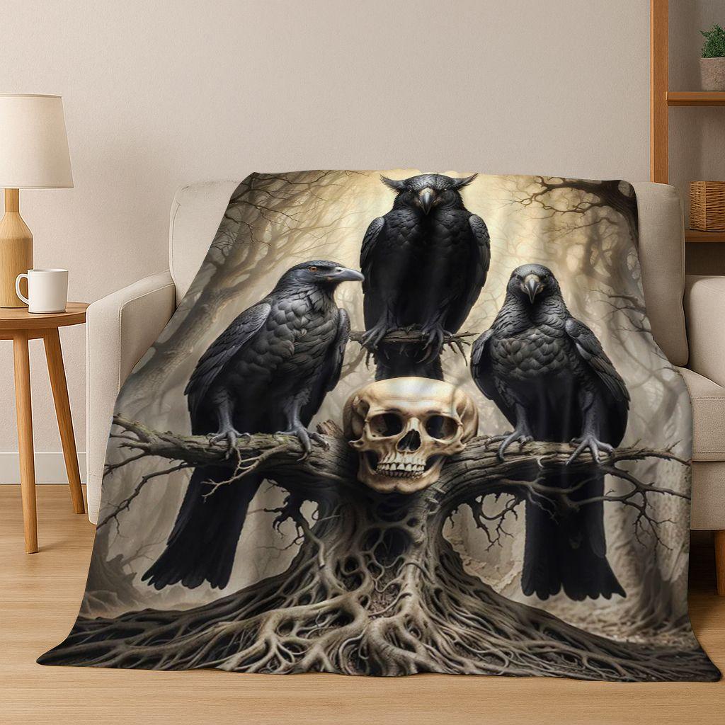3D Viking Oding Raven Crow Skull Huginn Muninn Norse Flannel Blanket,Warm and Cozy Soft Throw Blanket for Home Bedroom Bed Sofa