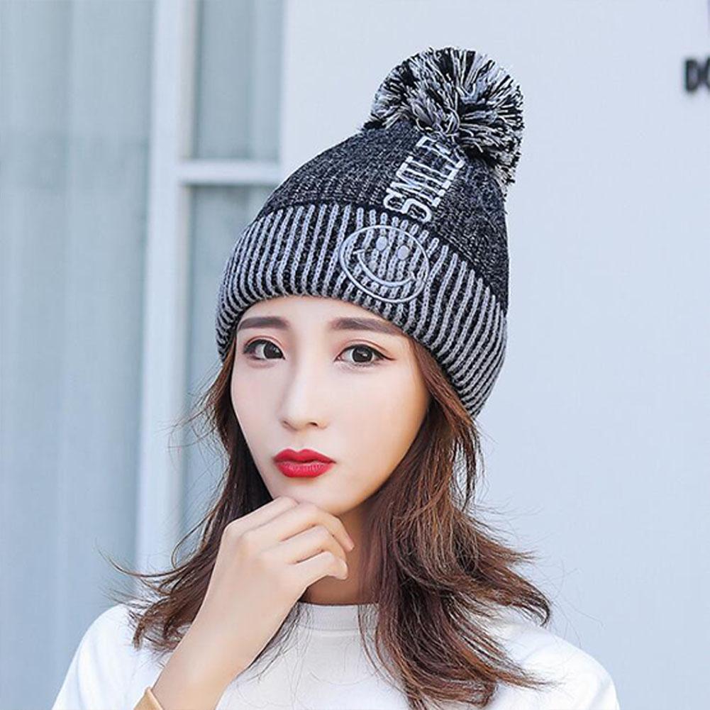 Winter Lady Cute Thicken Beanie Knitting Wool Ball Embroidery Simile Fashion Warm Hat Bonnet