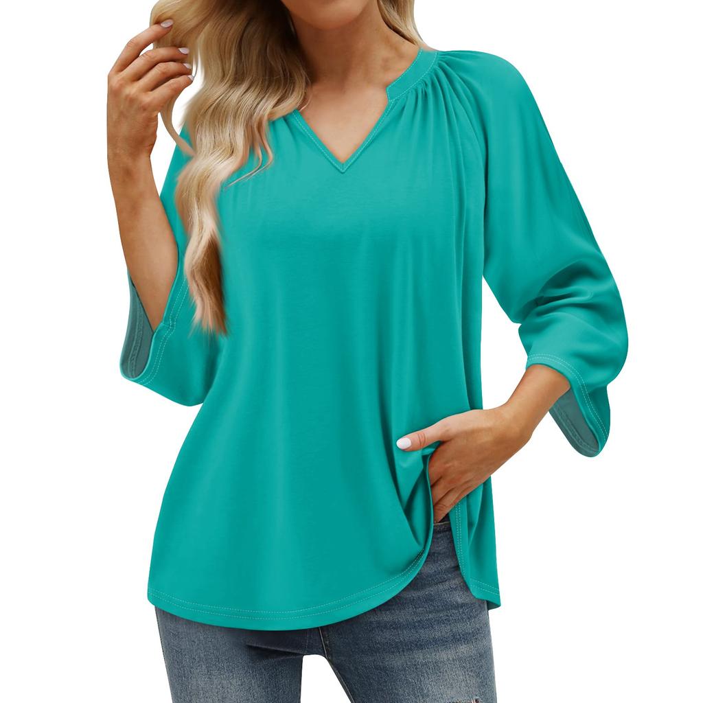 Женская летняя повседневная футболка с рукавом 3/4, однотонный пуловер с v-образным вырезом, топ