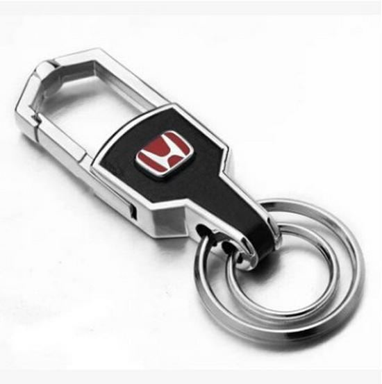 Diamond-Studded Metal & Leather Car Keychain with Double-Sided Logo