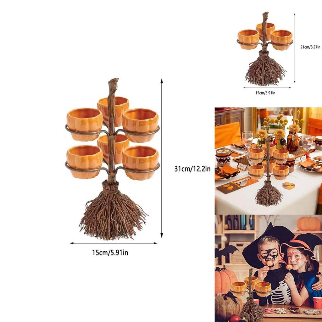 Очаровательный Хэллоуинский Набор Декоративных Украшений из Смолы в Виде Тыквенной Чашки и Метлы для Праздничного Домашнего Декора