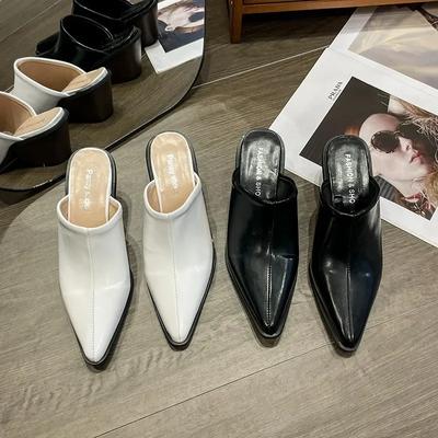 Мода 2024 Весна Лето Новые Шлепанцы Сексуальный Острый Носок Обувь Слипоны Мюли Женская Мода Толстый Каблук Уличные Нарядные Сандалии