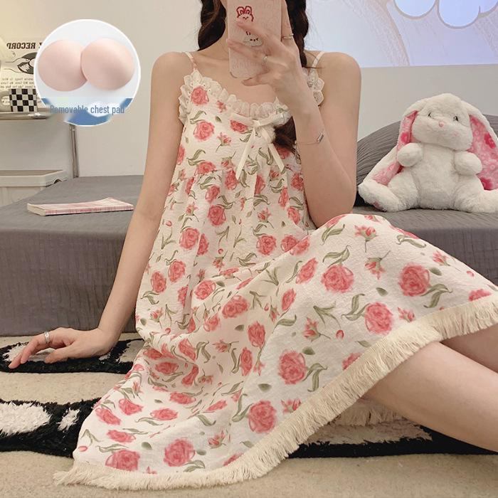 Летняя ночная рубашка с цветочным принтом и нагрудными подушечками - Милая, свободная, средней длины пижама