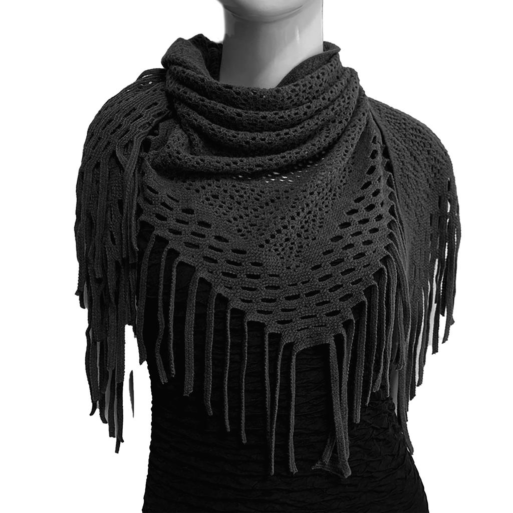 Women's Hollowed Knitted Triangular Scarf Imitation Cashmeres Soft Winter Shawl Wrap Neckerchief Blanket with Fringes