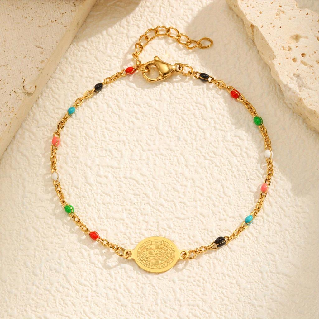 Bohemian Colored Bead Chains Virgin Bracelets for Women, Gold Color Stainless Steel Bracelets, Holy Christian Jewelry Gift
