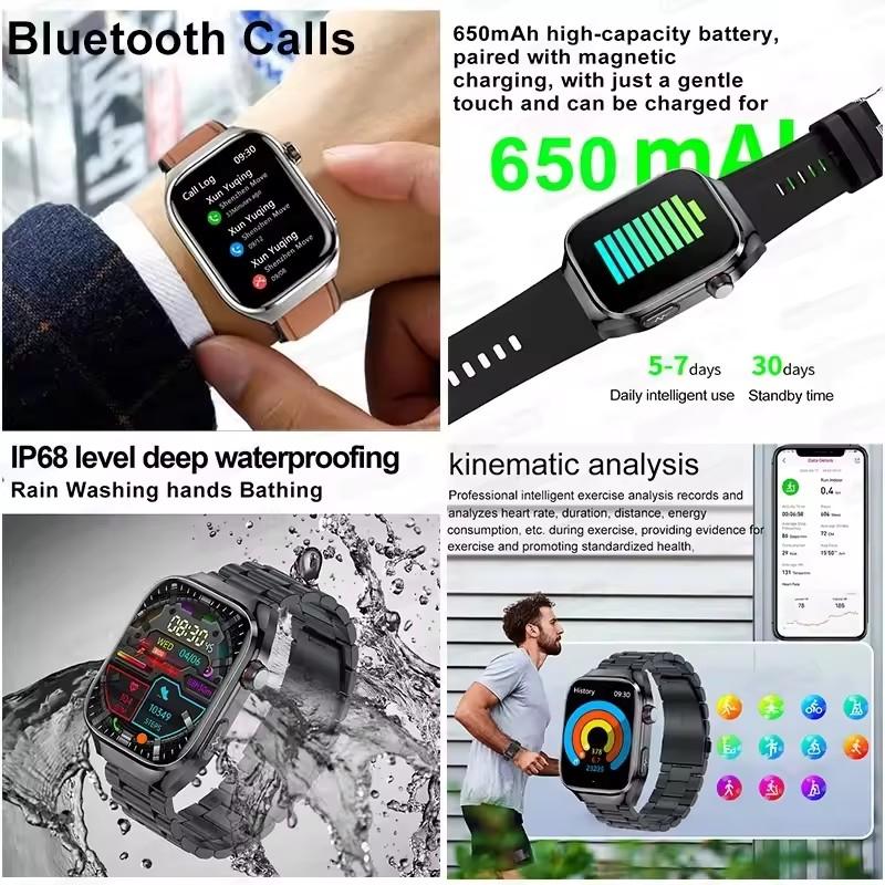 Новые умные часы 2025 года с 2,04-дюймовым AMOLED-экраном, Bluetooth-вызовы, IP68 Водонепроницаемые, 650 мАч, Спортивные умные часы для мужчин, Android, Военного класса