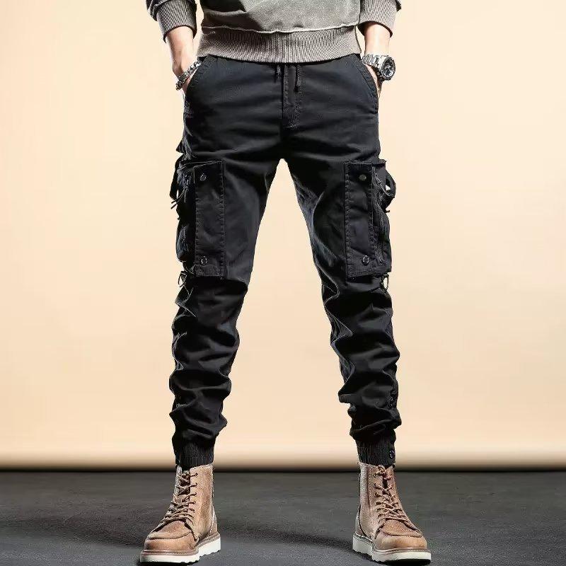 Men's Slim-Fit Multi-Pocket Cuffed Jogger Pants - Black