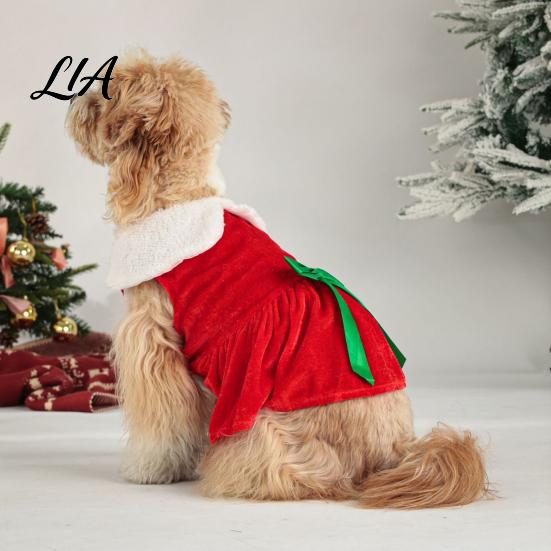 Cute Dog Costume for Christmas Party Velvet Dress, Red Festive Dress with Fleece Collar, Sleeveless Easy to Wear Apparel Puppy Cozy Holiday Small Dogs
